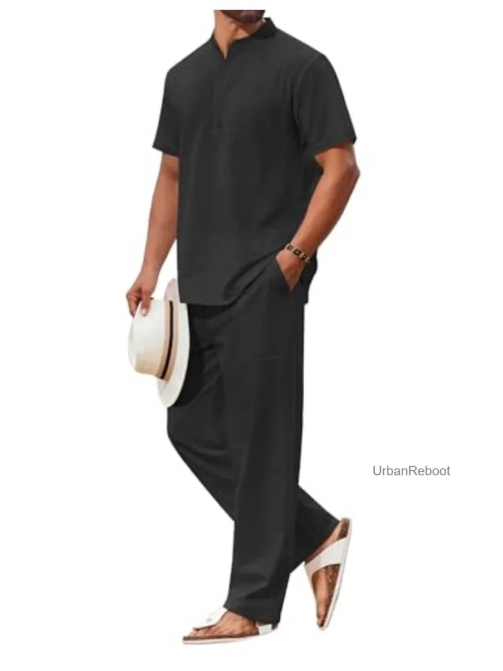 Men's 2 Piece Cotton Linen Look Beach Outfit Set with Pockets, Short Sleeve